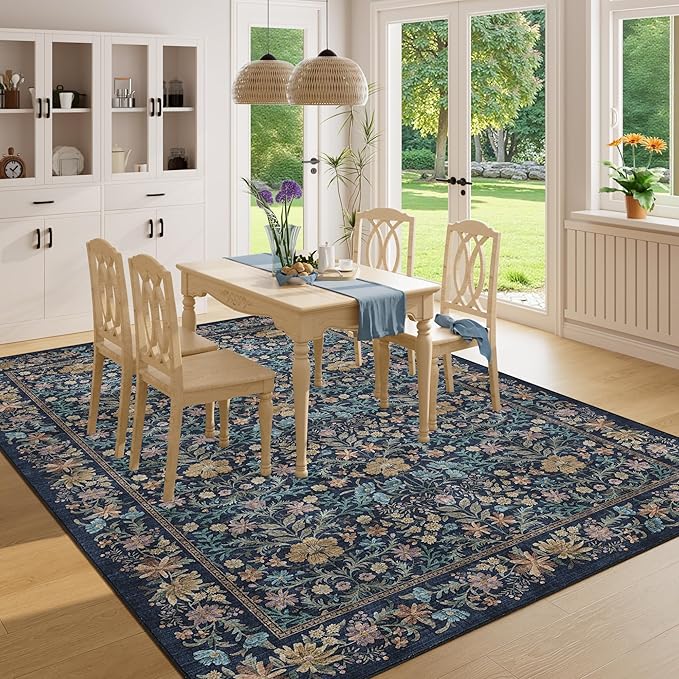 DUKINO 6x9 Rugs for Living Room, Vintage Washable Rug with Non Slip Backing, Floral Low Pile & Non-Shedding Large Area Carpets for Bedroom, Dining Room, Farmhouse, Home Office, Dark Blue