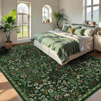 9x12 Dark Green Vintage Floral Area Rug,Washable Large Boho Living Room Rugs,Botanical Print Non-Slip Stain Resistant Lightweight Carpet for Bedroom Dining Room Nursery