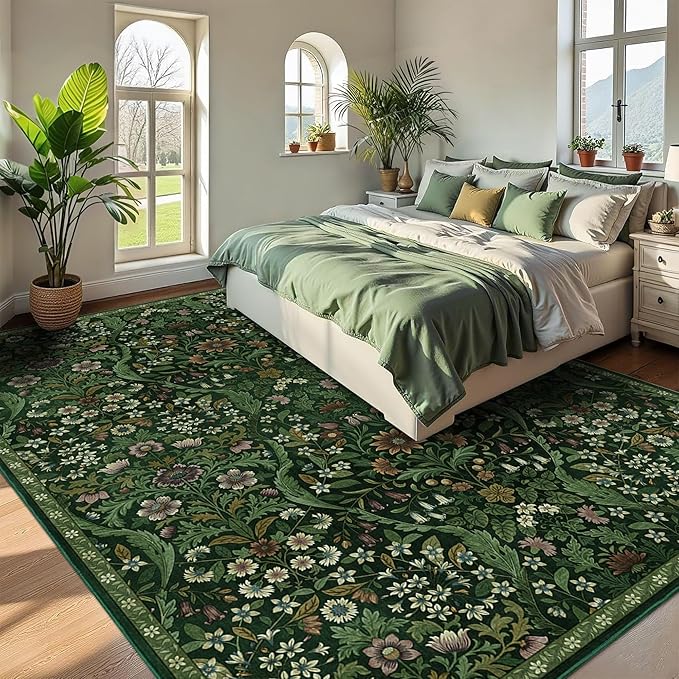 9x12 Dark Green Vintage Floral Area Rug,Washable Large Boho Living Room Rugs,Botanical Print Non-Slip Stain Resistant Lightweight Carpet for Bedroom Dining Room Nursery