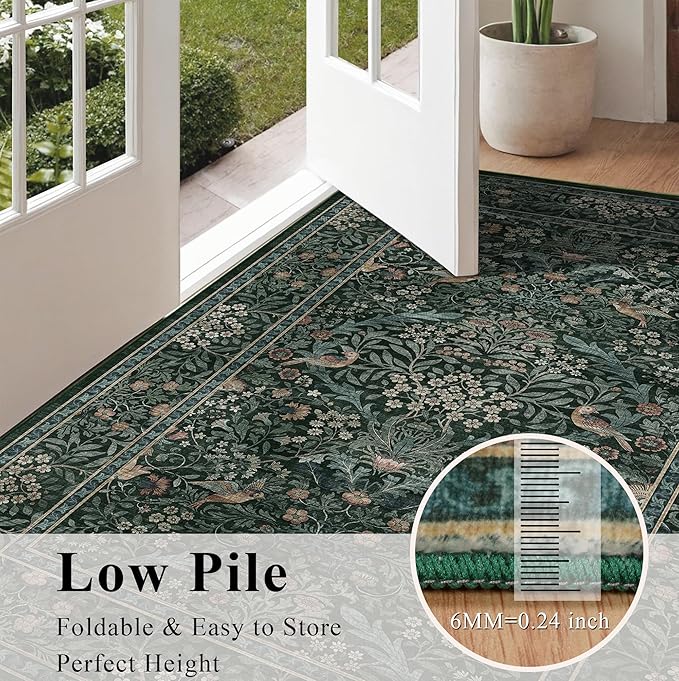 6x9 Floral Washable Area Rug for Living Room, Vintage Boho Rugs for Bedroom Dining Room, Botanical Birds Non Slip Low Pile Forest Throw Carpet for Farmhouse Office, Retro Green/Blue