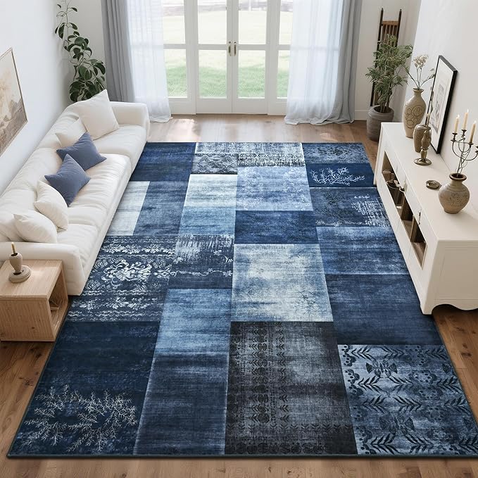 Tepook Modern Area Rug for Living Room, 6x9 Geometric Large Rugs for Bedroom, Washable Patchwork Rug Indoor Non-Slip Throw Carpets for Dining Room Office Farmhouse Home Decor, Blue