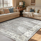 jinchan Fiora Vintage Floral 5x7 Area Rugs for Bedroom - Machine Washable Distressed Design Stain Resistant Boho Carpet Ultra-Thin Low Pile Non-Slip Rug for Living Room Dining Room (5'x7', Grey)