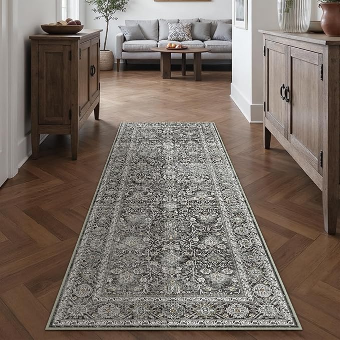 Black Runner Rug 2x7 Vintage Area Carpet Hallway Long Indoor Kitchen Washable Living Room Low Pile Traditional Distressed Retro Accent Throw Rug Non Slip Laundry Bathroom Office Dining Room