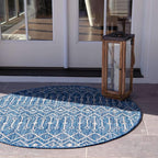 Unique Loom Outdoor Trellis Collection Area Rug - Tribal Trellis (8' Round, Blue/ Ivory)