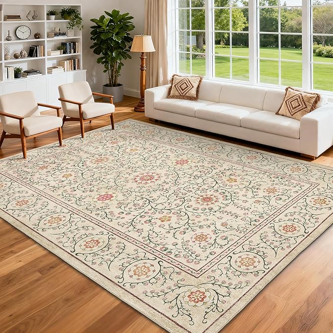 GarveeHome Boho 5x7 Area Rug for Bedroom, Floral Vintage Rugs for Living Room with Soft Low Pile, Non Slip Botanical Washable Rugs 5x7 for Dining Room Camel Carpet for Entryway Dorm Office Playroom