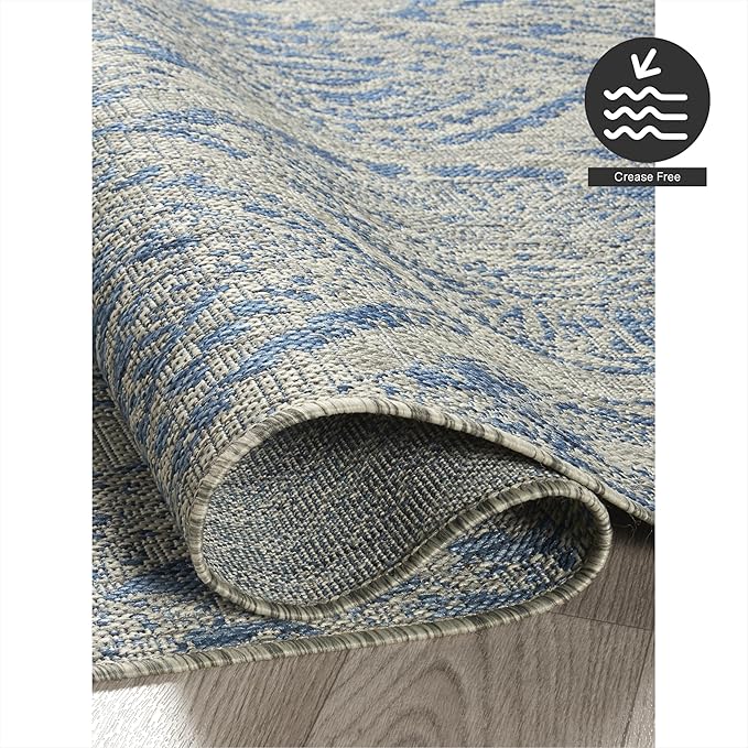 FH Home Outdoor Area Rug - Waterproof Easy to Clean Stain Resistant - Patio Indoor Outdoor Porch Deck Balcony Entryway - Distressed Farmhouse - Granada - Blue - 7ft 8in x 9ft 8in
