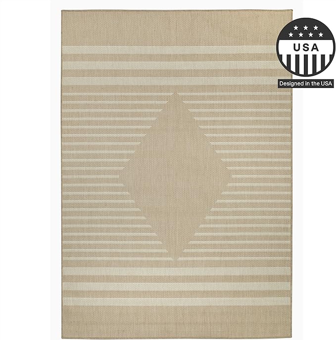 FH Home Flat Woven Outdoor Rug - Waterproof, Easy to Clean, Stain Resistant - Premium Polypropylene Yarn - Modern Geometric Kilim - Patio, Porch, Deck, Balcony - Mesa - Beige - 5ft 2in x 7ft 6in