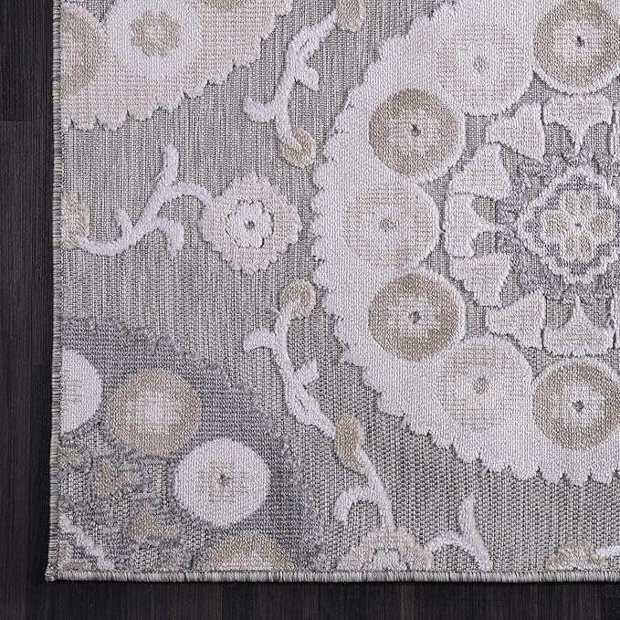 CAMILSON Indoor Outdoor Rug 6x9 Bohemian Medallion Floral Area Rugs for Indoor and Outdoor Patios Easy-Cleaning Non-Shedding Living Room Garden and Kitchen Washable Outside Carpet (6 x 9 / Beige)