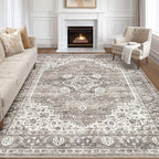 7x9 Area Rug Living Room: Washable Boho Large Neutral Vintage Soft Rugs Stain Resistant Farmhouse Non-Slip Indoor Rustic Floor Carpet for Bedroom Nursery Kids Playroom Office Dining Room- Dark Brown
