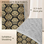 Black Damask Flower Golden Carpet for Living Room, 3x5 Non-Slip Washable Low Pile Abstract Design Rug, Space Saving Area Rug for Bedroom, Dining Room