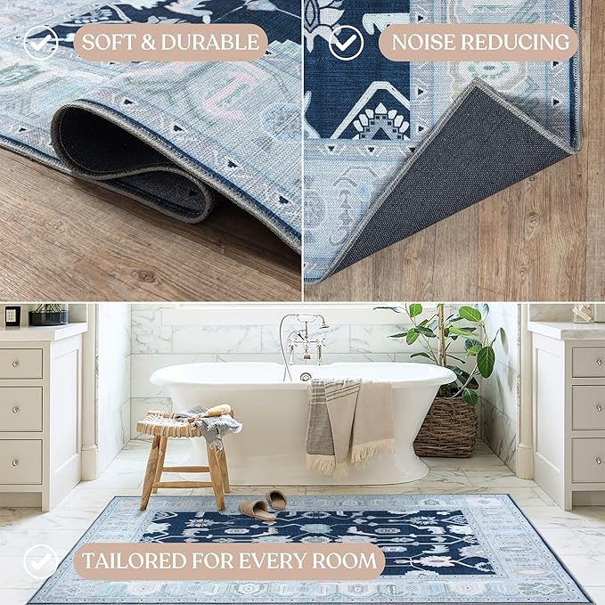 Fame Living Navy Blue Oushak Rug, Modern, Vintage, Turkish, Eclectic, Floral, Pastel, Washable, Oversized, Extra Large Area Rugs for Living Room, Dining, Bedroom, Lounge 9'5"x14'