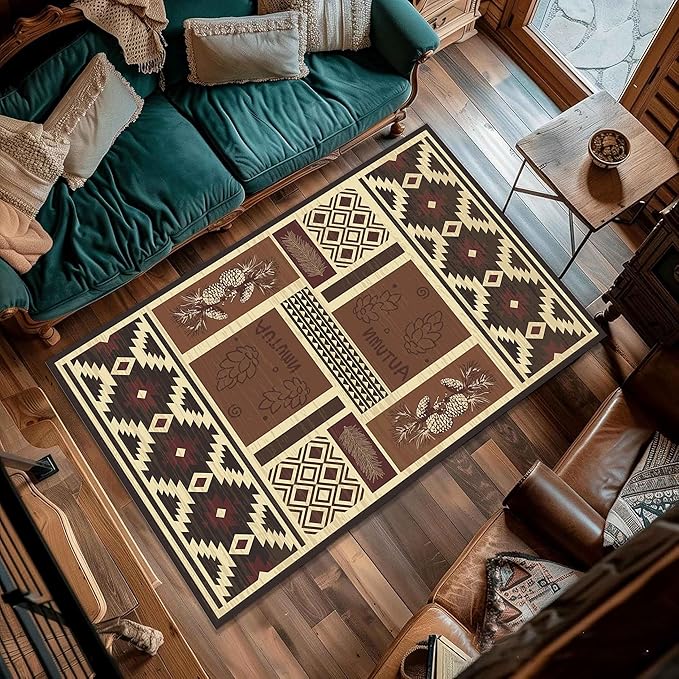 UNREASTO Western Area Rugs 6x8ft Vintage Country Southwestern Native Botanical Farmhouse Rug Floor Mats, Rustic Pine Cone Non-Slip Washable Throw Rugs for Hallway Living Room Bedroom Hardwood Floors