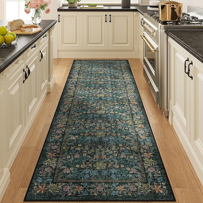 DUKINO 2x6 Runner Rug for Hallway, Washable Vintage Floral Kitchen Rug with Non Slip Backing, Soft Low Pile Throw Carpet Runner for Kitchen, Laundry, Hallway, Bathroom, Blue