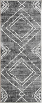 ReaLife Rugs Machine Washable Area Rug Runner - Living Room Bedroom Bathroom Kitchen Entryway Office - Padded Low Pile Stain Resistant Premium - Moroccan Diamond Tribal - Jax - Gray 2'6" x 6'