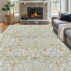 Vintage Beige Blue Living Room Rug, 9x12 Washable Area Rugs for Dining Room Under Table, Soft Low Pile Large Carpet Bedroom, Non-Slip Boho Floral (9 x 12 Beige Blue)