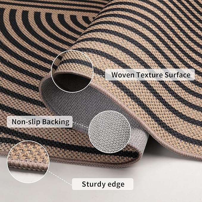 Tangsoo Easy Jute 3x5 Outdoor Rug for Living Room,Non-Slip Thin Black Rainbow Indoor Area Rug,Washable Boho Farmhouse Carpet for Front Porch Bedroom Patio Entryway Balcony