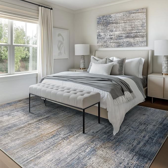 Bavni 8x10 Area Rugs, Abstract Modern Living Room Rugs, Large Machine Washable Rug Non-Slip, Soft Pet Friendly Rugs for Bedroom, Playroom, Dining Room, Blue/Light Grey