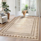 Geometric Bordered Washable 5x7 Area Rugs for Dining Room Bedroom Foldable Non Slip Soft Indoor Carpet Stain Resistant Modern Living Room Low Pile Rug with Rubber Back, Beige Brown