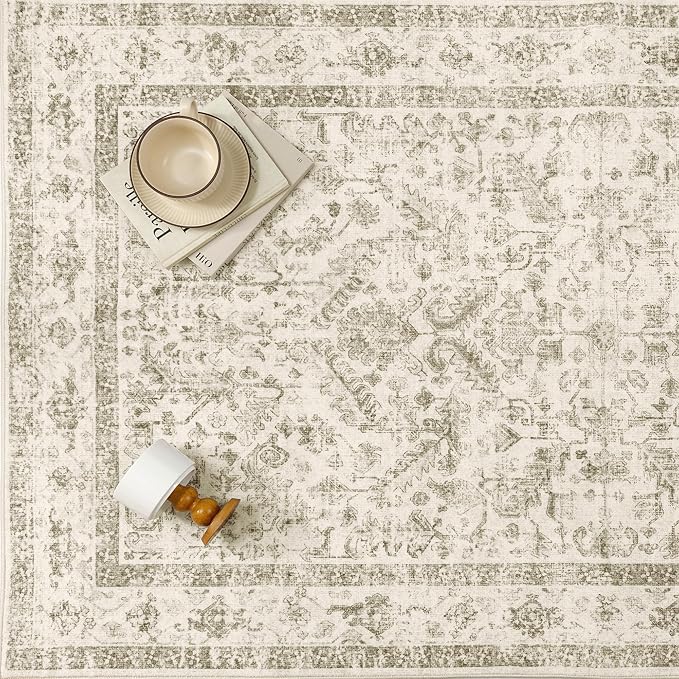 Taupe 8x10 Area Rug Vintage Washable Living Room Carpet Non Slip Bedroom Indoor Office Low Pile Large Traditional Distressed Retro Accent Rug for Dining Room Bathroom Kitchen