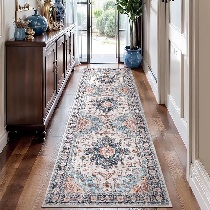 Tangsoo 2x10 Washable Runner Rug for Hallways, Non Slip Vintage Runner Rug, Soft Low Pile Long, Print Distressed Blue/Orange Carpet Runners for Kitchen Bedroom Entryway Bathroom Living Room