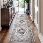 Tangsoo 2x10 Washable Runner Rug for Hallways, Non Slip Vintage Runner Rug, Soft Low Pile Long, Print Distressed Blue/Orange Carpet Runners for Kitchen Bedroom Entryway Bathroom Living Room