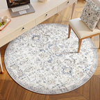 jinchan Kalen Round Rug 5ft Area Rug Entryway Washable Vintage Indoor Retro Floor Cover Distressed Floral 5' Round Circle Boho Non Slip Thin Carpet for Kitchen Bedroom Living Room Dining Room Blue