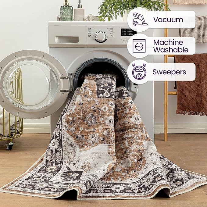 DEXI 10x14 Area Rug for Living Room, Washable Vintage Farmhouse Thin Rug Indoor Floor, Non Slip Stain Resistant Low Pile Carpet for Dining Room Bedroom Office, Brown
