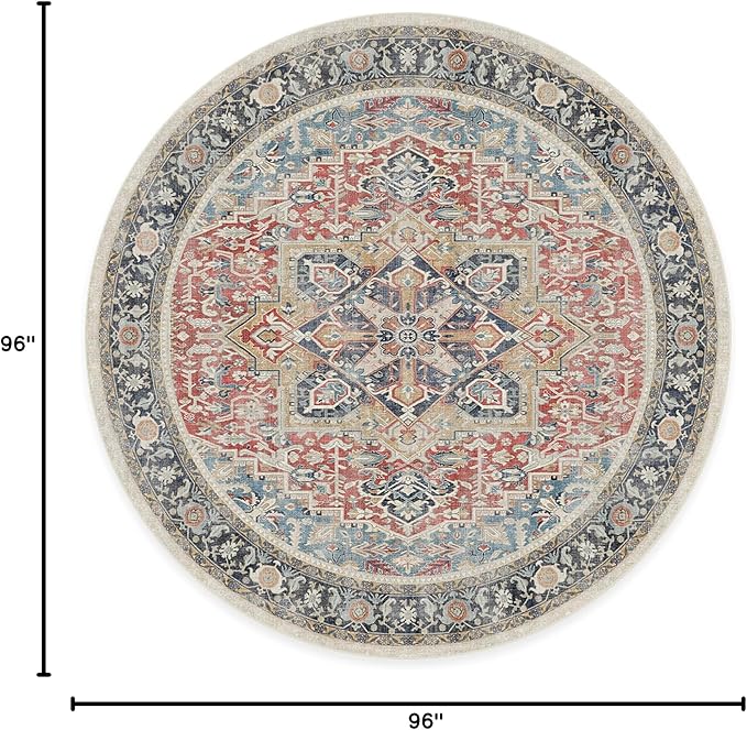 RUGGABLE Washable Vintage Area Rug – Kamran Cayenne Red 8 ft Round, Stain-Resistant, Non-Slip – Large Machine Washable Rugs for Living Room, Bedroom, Hallway, Entryway & Office–with Standard Pad