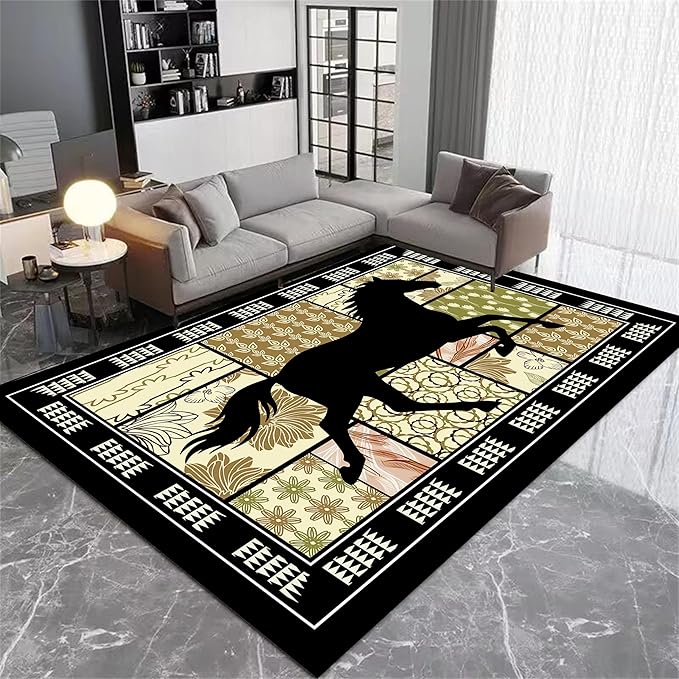 Western Horse Print Rugs 5x7ft,Boho Floral Area Rug, Botanical Print Low Pile Carpet, Stain-Resistant & Machine Washable Non-Slip Mat for Living Room, Bedroom, Dining Room