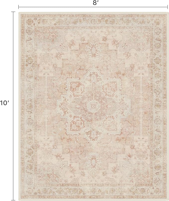 8x10 Area Rugs for Living Room, Machine Washable Non Slip Vintage Rugs, Low Pile Lightweigt Print Indoor Rug for Bedroom, Dining Room, Home Office, Pink