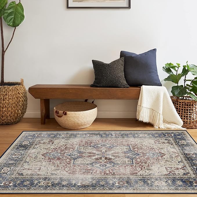 RUGGABLE Washable Area Rug – Kamran Royal Blue 4x6, Stain-Resistant, Non-Slip – Medium Machine Washable Rugs for Living Room, Bedroom, Hallway, Entryway & Office–with Standard Pad