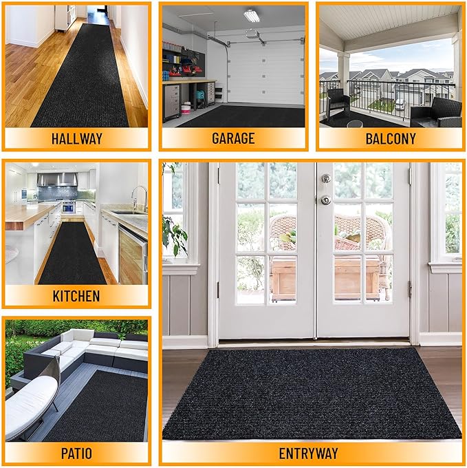 Ottomanson 2' x 34' Hallway Runner with Scraper Pile Extra Durable Non-Slip Rug Mat for Indoor & Outdoor Use - Ideal for Kitchen, Entryway, Patio & Garage - High-Traffic Carpet, Black