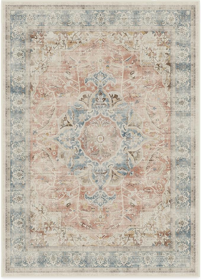 RUGGABLE Washable Vintage Area Rug – Sarrah Coral 10x14, Stain-Resistant, Non-Slip – Large Machine Washable Rugs for Living Room, Bedroom, Hallway, Entryway & Office–with Standard Pad