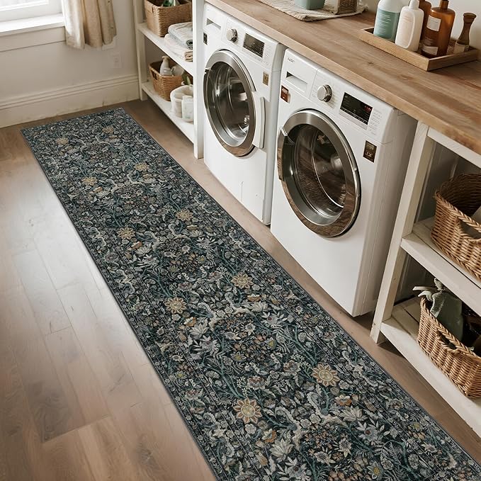Washable Runner Rug 2x8: Vintage Boho Floral Carpet Runners for Hallway Entryway Non-Slip - Soft Botanical Low Pile Thin Mat for Kitchen Bathroom Bedroom Laundry Floor Decor - Dark Green