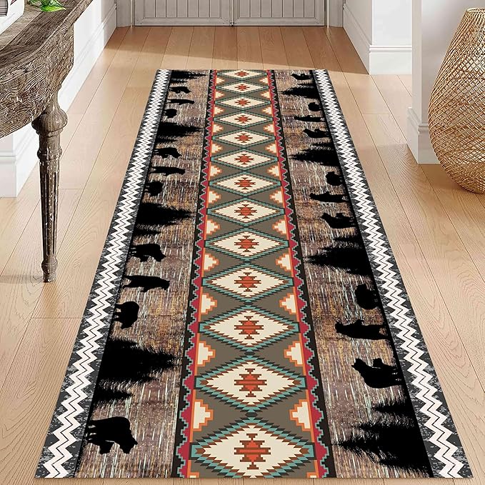 Southwestern Runner Rug, 2.6x7ft, Rustic Lodge Aztec Country Bear Decorative Runner Rug, Vintage Forest Birch Wild Animal Print Entrance Hallway Rug, Soft Non-Slip Carpet for Living Room Bedroom