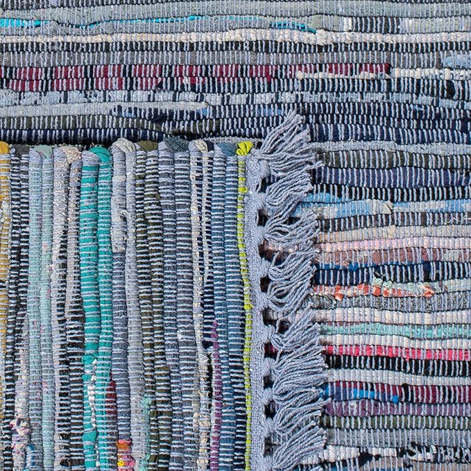 SAFAVIEH Rag Rug Collection Area Rug - 6' Square, Purple & Multi, Handmade Boho Stripe Cotton, Ideal for High Traffic Areas in Living Room, Bedroom (RAR121D)