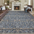 Washable Living Room Rug: 8x10 Boho Floral Soft Area Rug for Bedroom Decor - Vintage Low Pile Thin Carpet for Dining Room Non-Slip - Farmhouse Stain Resistant Rugs - Slate Blue