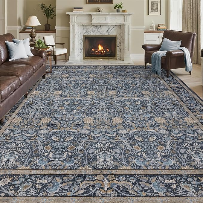 Washable Living Room Rug: 9x12 Boho Floral Soft Area Rug for Bedroom Decor - Vintage Low Pile Thin Carpet for Dining Room Non-Slip - Farmhouse Stain Resistant Rugs - Slate Blue
