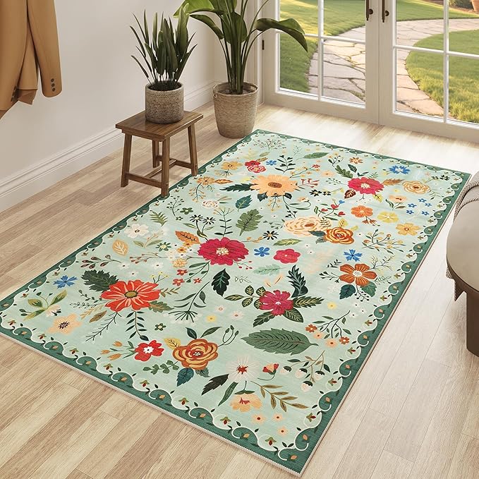 3x5 Area Rug, Floral Green Washable Rug for Entryway, Non Slip Flower Area Rugs, Soft Low Pile Indoor Doormat Small Carpet, Rugs for Living Room Bedroom Nursery Kitchen Dining Room, Sage Green