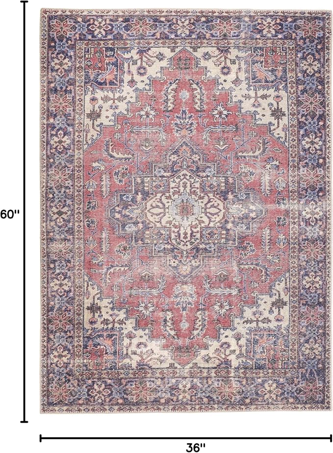 GLN Rugs Traditional Collection - Machine Washable Area Rug, Traditional Washable, Non Slip, Low Pile Chenille Rug, Living Room, Bedroom, Kitchen Rug (3' x 5' Multi Blue)