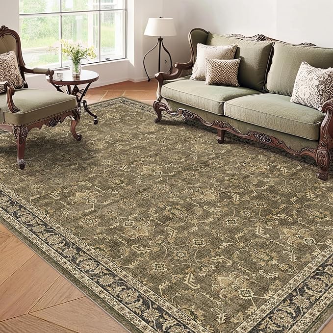 Washable Area Rug 6x9 Brown Rugs for Living Room, Vintage Boho Large Rug for Bedroom Dining Room Office, Distressed Floral Print Carpet for Under Table, Soft Non Slip Low Pile Throw Carpet Indoor Mat