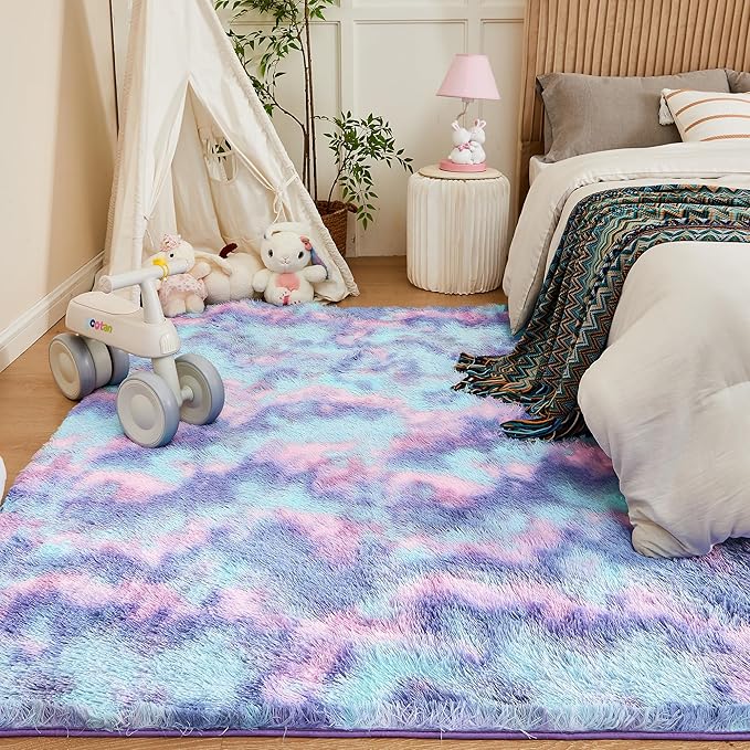 Andency Soft Area Rugs for Living Room Bedroom, 4x6 Fluffy Shaggy Bedside Rug, Non-Slip Large Shag Fuzzy Plush Carpets for Bedroom Kids Dorm Nursery Home Decor Aesthetic, Tie-Dyed Unicorn Rainbow