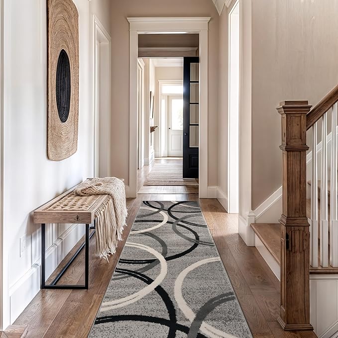 Rugshop Wavy Circles Design Runner Rug, Non-Shedding Carpet for Hallway, Kitchen, or Entryway, Gray, 2'7" x 12'