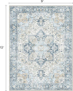 9x12 Area Rugs for Living Room, Machine Washable Non Slip Vintage Rugs, Low Pile Lightweight Print Rug for Bedroom, Dining Room, Home Office, Blue