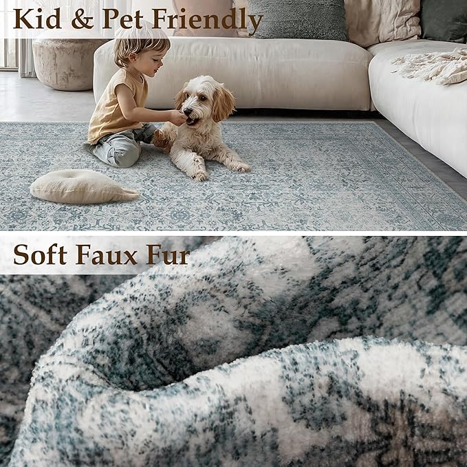 Blue Area Rug 4x6 Washable Office Entryway Carpet Soft Vintage Indoor Kitchen Living Room Door Mat Traditional Retro Distressed Thicker Throw Small Rug Bedroom Dining Room Bathroom
