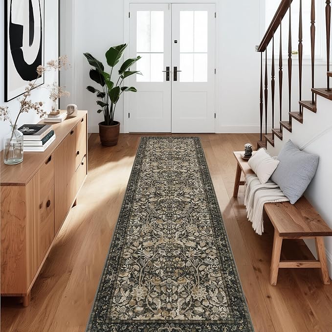 Washable Runner Rug 2x12: Vintage Boho Floral Carpet Runners for Hallway Entryway Non-Slip - Soft Botanical Low Pile Thin Mat for Kitchen Bathroom Bedroom Laundry Floor Decor - Dark Brown
