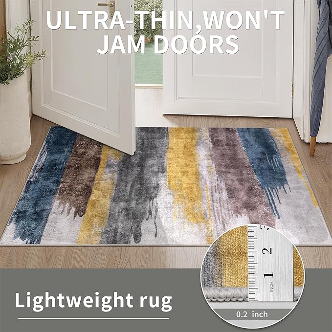 Ciicool 2'6"x10' Washable Runner Rug, Modern Abstract Hallway Rugs Runner, Non-Slip Thin Accent Rug Lightweight Yellow Grey Distressed Carpet Runners for Laundry Entryway Bedroom Kitchen Indoor