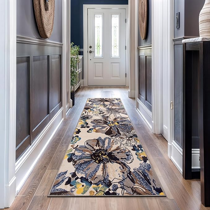 Rugshop Cream Bright Flowers Non Slip Non-Shedding Runner Rug for Hallway, Kitchen and Laundry Room, 2'7" x 8'