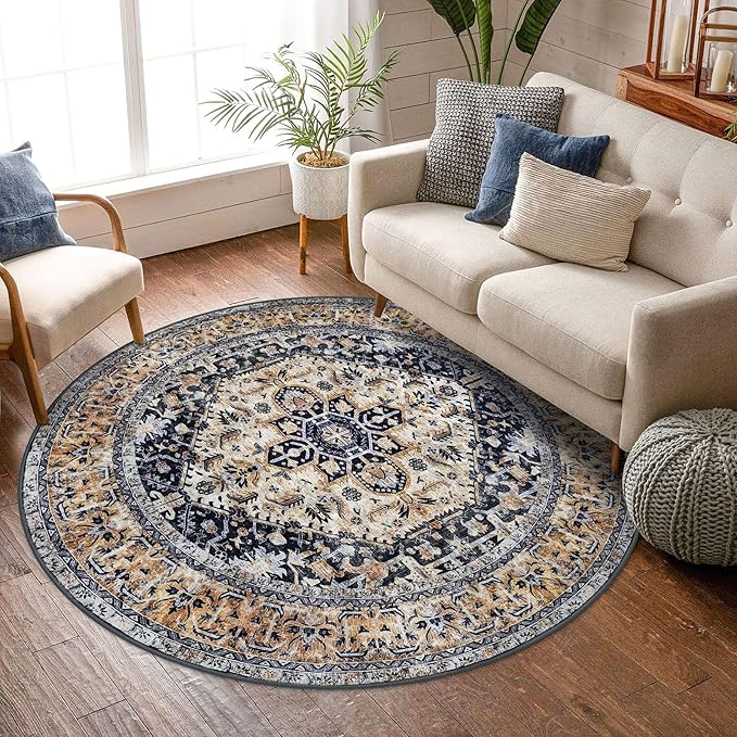 KOZYFLY Round Rug, 6 Ft, Washable, Non Slip, Living Room, Dining Room, Gold Navy