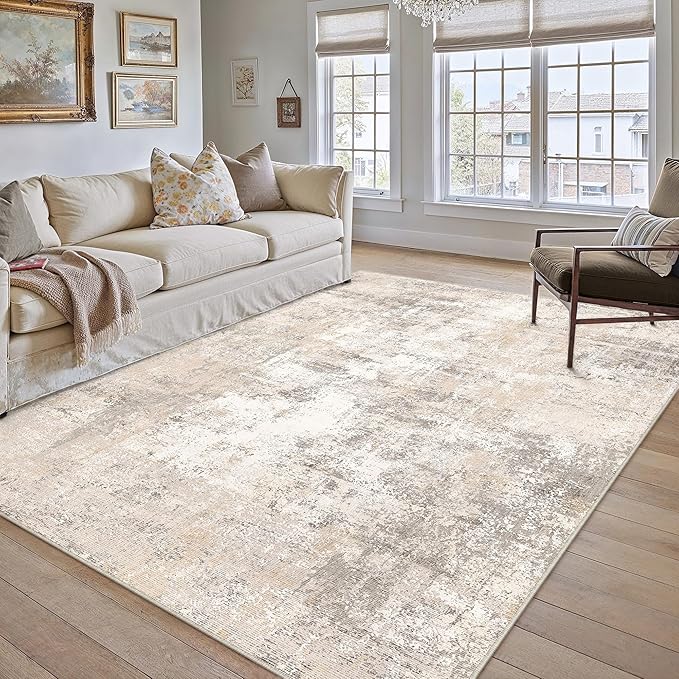 7x10 Washable Area Rug Beige Grey Abstract Living Room Bedroom Throw Rug Neutral Modern Non Slip Soft Low Pile Lightweight Indoor Carpet for Dining Room Office